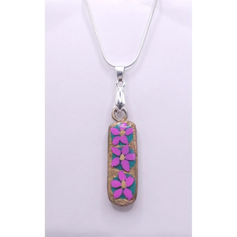 Pink Floral Polymer Clay Pendant‎ Necklace Boho Garden Art Jewelry Cottagecore - Picture 2 of 9